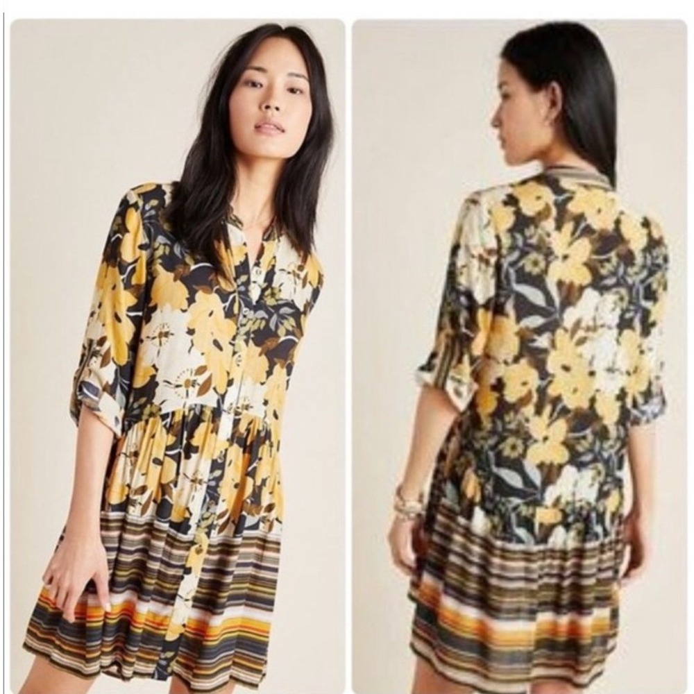 Anthropologie BLNK LONDON Hadley Tiered Button Front Dress Yellow‎ Black Small